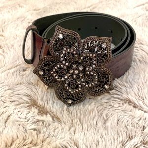 Fina. Gunmetal Color Flower Beaded Buckle.  Genuine Leather
